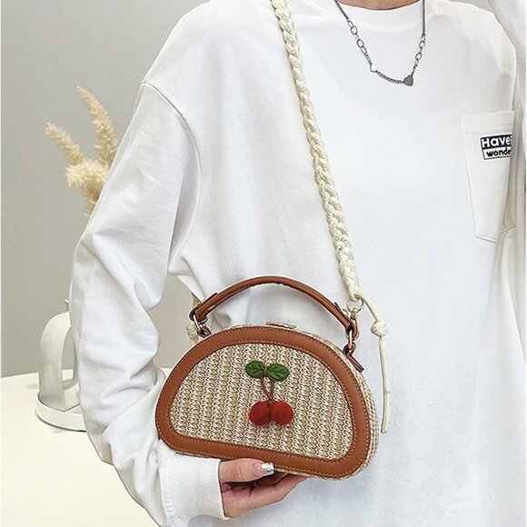Versatile Cherry Straw Handbag with Removable Strap - Perfect for Summer Outings - Picture 3 of 6